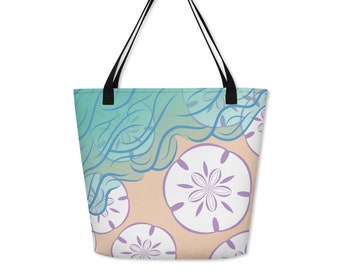 Sand Dollar Beach Bag, Summer Beach Tote Bag, Ocean Seashell Book Bag