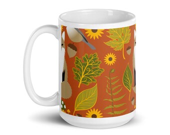 Orange und grüne Herbstkaffeetasse, nette Fuchs-keramische Teetasse mit Griff, Herbst-botanische Tasse