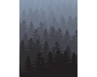 Black Forest Mountains Art Print, Woodland Pine Tree Poster, Rustic Cabin Wall Decor, Foggy Forest Mountain Landscape Print