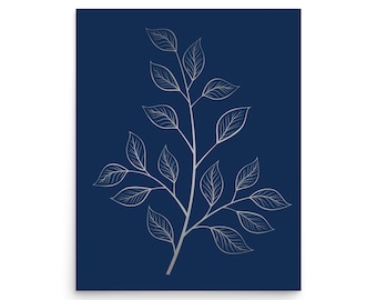 Navy and Silver Leaf Print Poster, Botanical Wall Art, Nature Home Decor