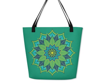 Emerald Green Canvas Tote, Boho Mandala Beach Bag, Everyday Bag Reusable Grocery Bag