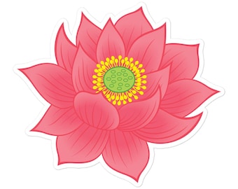May include: A vibrant pink lotus flower sticker with a white border. The flower has multiple layers of petals, a yellow center with small stamens, and a green seed pod. The design is a flat illustration.