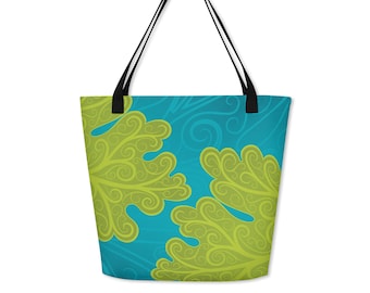 Tropical Beach Tote Bag, Teal Lime Green Leaf Pattern, Oversized Summer Carryall Tote, Pool Vacation Travel Gift, Everyday Shoulder Bag