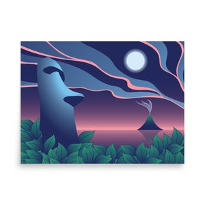 Moai Tiki Art Print, Tropical Retro Wall Decor, Poster