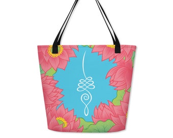 Unalome Reusable Grocery Bag, Lotus Flower Tote, Weekender Travel Gift