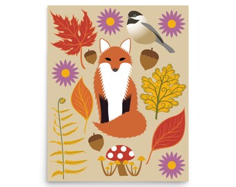 Cute Animal Print, Fox Autumn Home Decor, Woodland Wall Art, Fall Botanical Leaf