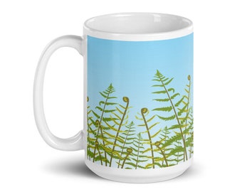 Fern Leaf Coffee Mug, Botanical Print Coffee Gift, Spring Kitchen Decor, Fiddlehead Fern Art