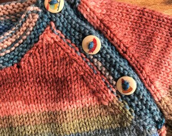 Handmade knitted Autumnal jumper with wooden toy buttons (3 months to 12 years)