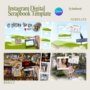 Puede incluir: Una plantilla de álbum de recortes digital para Instagram con un esquema de color verde y azul. La plantilla incluye un lugar para agregar fotos, texto y música. El texto "9 place to go" está escrito en una fuente manuscrita. El texto "FIND YOU AT THE END OF EVERY LOVESONG" está escrito en una fuente más pequeña. El texto "TRUELOVE ST" está escrito en una señal de calle. La plantilla está diseñada para ayudar a los usuarios a crear un álbum de recortes de sus recuerdos.