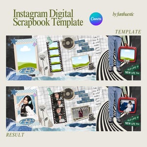 May include: A digital scrapbook template featuring a collage of images, text, and graphics. The template includes a black and white chequered pattern, a film strip, a record, and a text box that reads "You got a pretty vision in your head".
