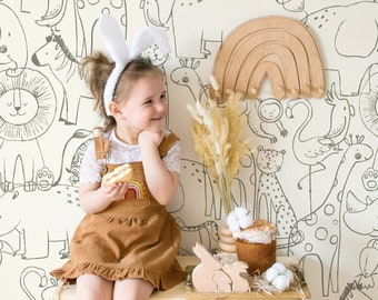 Doodle Zoo Wallpaper Peel and Stick Playful Wildlife Illustration Wall Mural