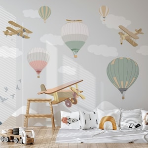 Carta da parati murale per bambini con aeroplano e palloncino
