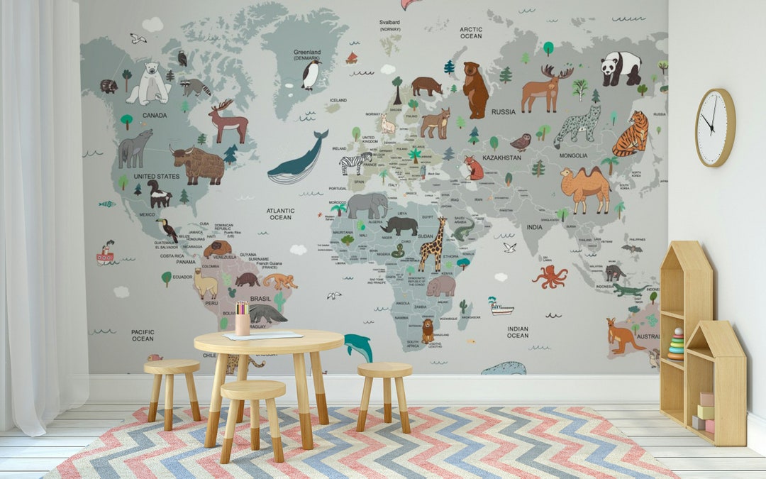 Kids World Map Peel and Stick Wallpaper - Educational Removable Wall ...