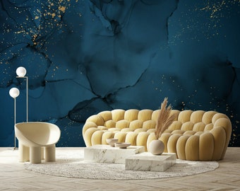 Abstract Marble Wallpaper - Dark Blue Gold Vein Peel and Stick Mural - Elegant Removable Wall Art