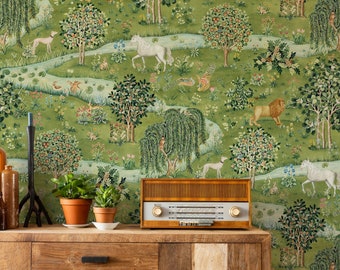 Owl and Willow Wallpaper Peel and Stick William Morris Wall Mural Green