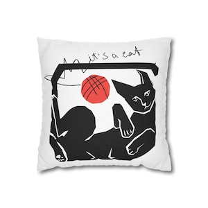 Modern Black Cat Throw Pillow – Abstract Cat and Ball Design, White Red Accent, Minimalist Art Cushion, Cat Lover Gift, Bold Home Decor