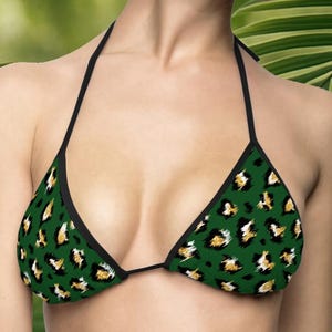 Emerald Leopard Print Bikini, Fierce Green Animal Print Swimsuit, Triangle Tie Bikini, Bold Summer Swimwear, Gift for Her, Wild Beach Look