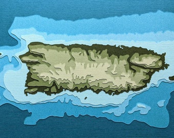 Puerto Rico with topography - 8 x 10" layered papercut art