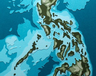 The Philippines w/ topography - 8 x 10" layered papercut art