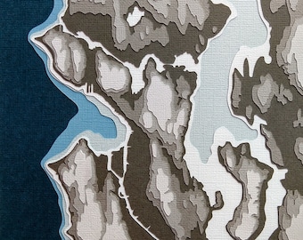 Seattle z topografią - oryginalna wycinanka papierowa 8 x 10