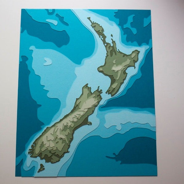 New Zealand Topography - 8 x 10" layered papercut art