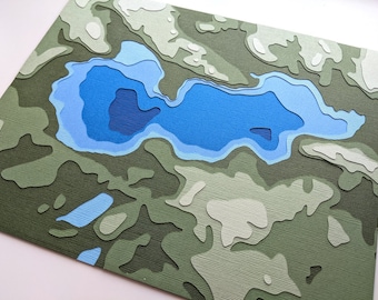 Long Lake w/Topography - original 8 x 10 papercut art in your choice of color