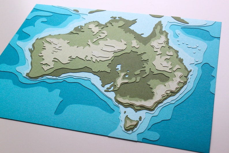 Australia with Topography 8 x 10 layered papercut art image 2