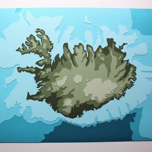 Islande w / topographie - art original de 8 x 10 papercut