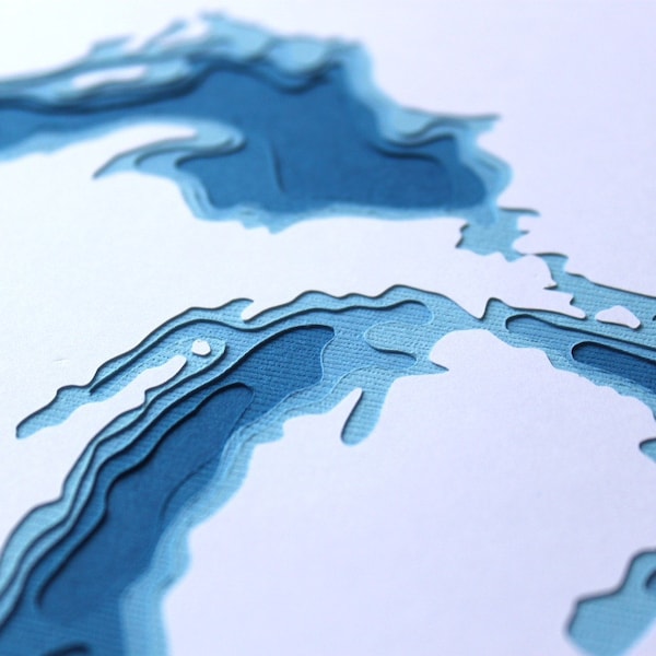 Les Grands Lacs - oeuvre d'art originale en papier découpé 8 x 10