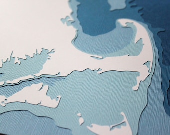 Massachusetts Coastline - 8 x 10&quot; layered papercut art