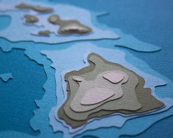 Hawaiian Islands w/ topography - 8 x 10" layered papercut art