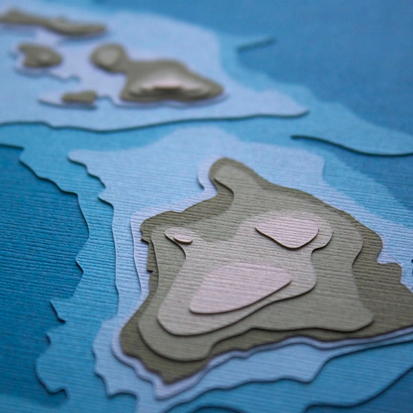 Hawaiian Islands w/ topography - 8 x 10" layered papercut art