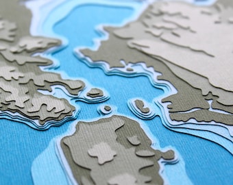 Bahía de San Francisco con Topografía - original 8 x 10 papercut art