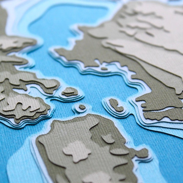 San Francisco Bay w/ Topography - original 8 x 10 papercut art