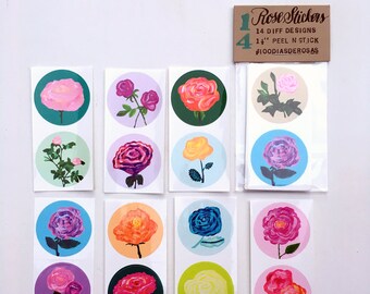 Rose Stickers, Package of 14 Glossy Vinyl Art Stickers, Rose Painting Envelope Seals