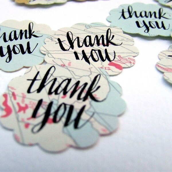 Handwritten Thank You Stickers, Package of 20 Vintage Atlas Map Stickers, Hand Lettered Calligraphy,  Wedding Stationery Seals, Party Favor