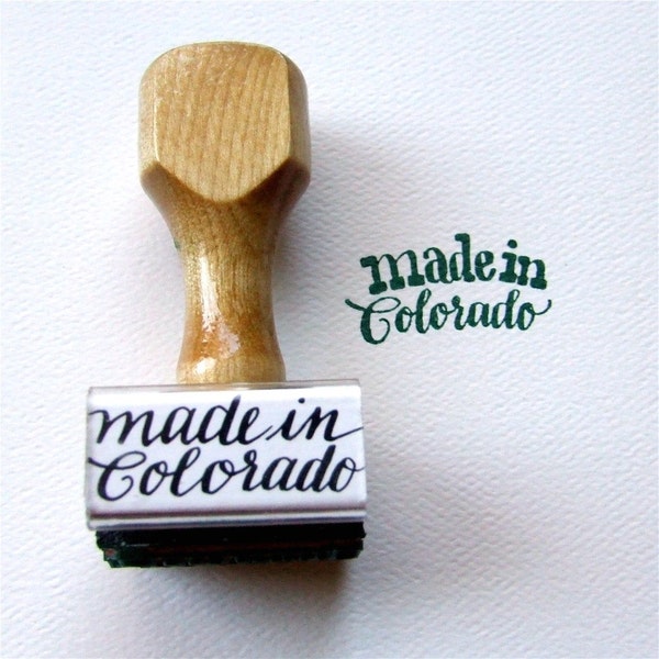 Made in Colorado Rubber Stamp, Calligraphy Stamp, Hand Lettered Cursive, Craft Fair Packaging Stamp, Colorado State Love