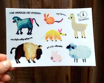 Los Animales Sticker Sheet, 7 Vinyl Waterproof Stickers, Cute Laptop Stickers, Double Letter Animals, Aardvark Baboon Llama Chinchilla