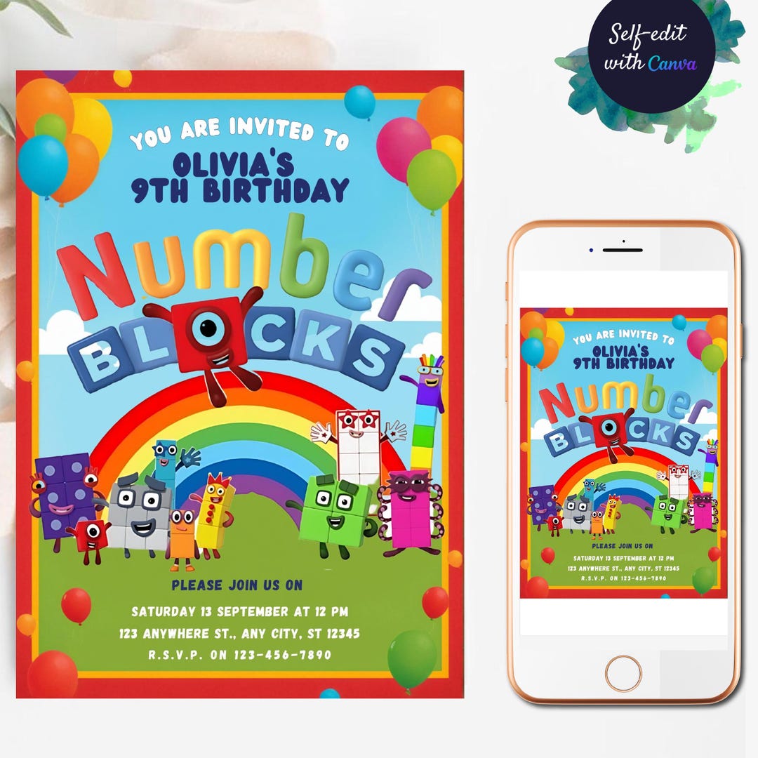Numberblocks Birthday Invitation Number Blocks Invitation Birthday ...