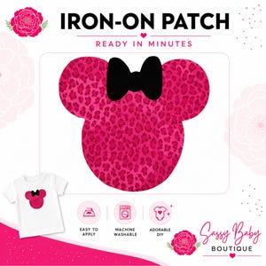 Hot Pink Leopard Minnie Mouse Iron On Patch | Pink Minnie Fabric Patch | No Sew Kids Shirt Patch | Disney Shirt DIY Craft