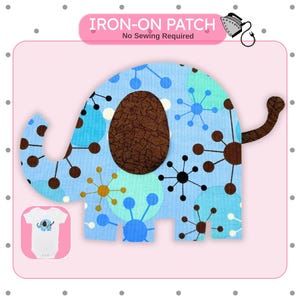May include: An iron-on patch featuring a blue elephant design with brown accents and a textured brown oval. The patch has a light blue background with a pattern of blue and brown dots and starbursts. Text at the top reads "IRON-ON PATCH No Sewing Required."