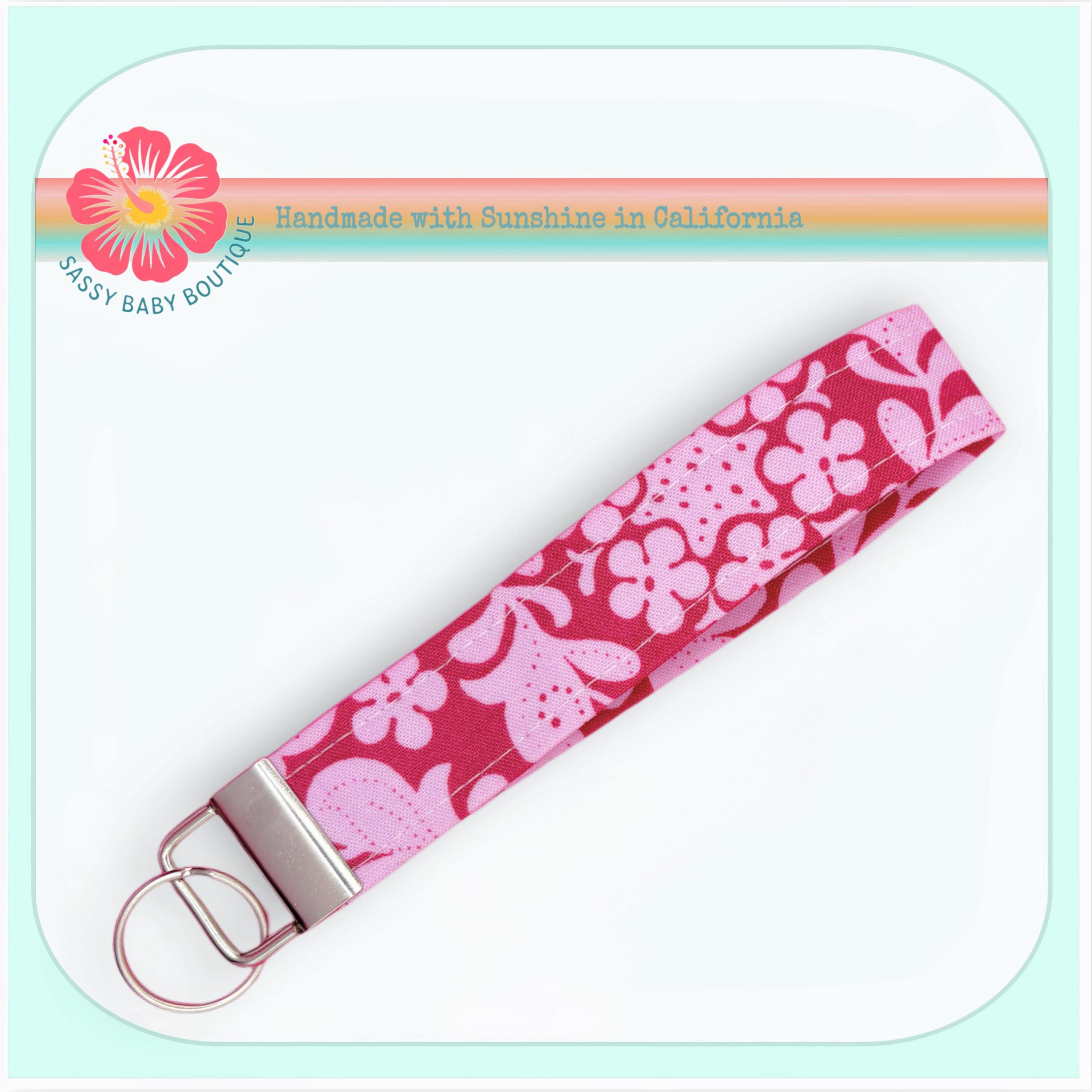 Pink and Red Retro Floral Key Fob Wristlet | Handmade Cotton Keychain ...