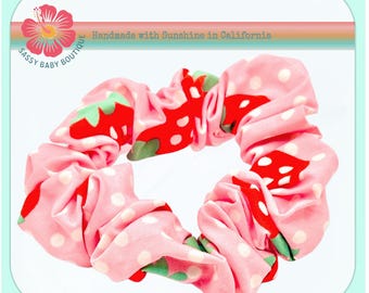 Strawberry Scrunchie - Pink & Red Fruit Print Cotton Hair Tie, Eco Friendly Handmade Hair Accessory, Cute Gift for Her, Kawaii Style