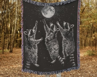 Moonlit Raccoon Trio Woven Blanket, Tapestry Funny for Raccoon Lovers, Vintage Moon Raccoon, Vintage Moon Raccoon Blanket for Fans Gift