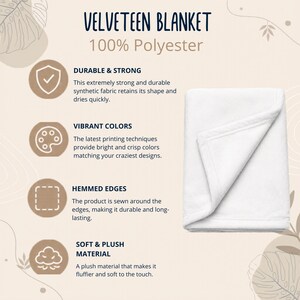 Puede incluir: Una manta de terciopelo blanca doblada, hecha de 100% poli&eacute;ster. La manta tiene bordes con dobladillo y se describe como duradera, fuerte y suave. El texto de la imagen dice "VELVETEEN BLANKET" y "100% Polyester."