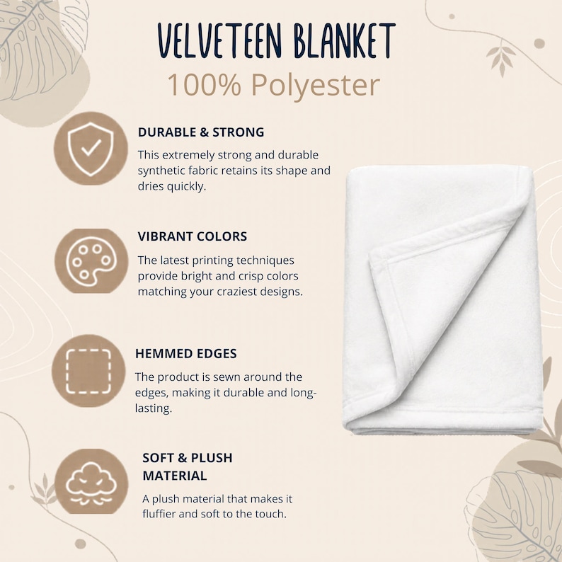 Puede incluir: Una manta de terciopelo blanca doblada, hecha de 100% poli&eacute;ster. La manta tiene bordes con dobladillo y se describe como duradera, fuerte y suave. El texto de la imagen dice "VELVETEEN BLANKET" y "100% Polyester."