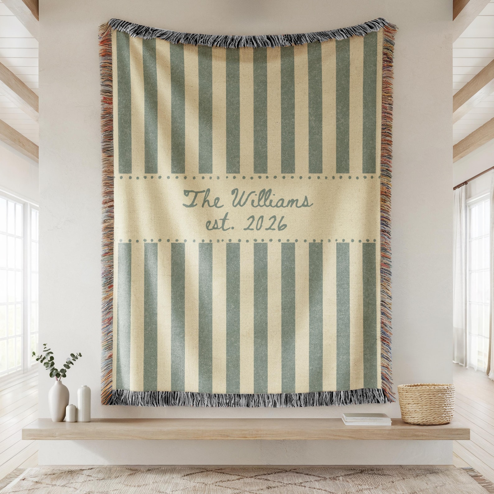Personalized Family Name Woven Blanket, Custom Throw With Last Name and Est Year, Wedding Gift For Couple, Cotton Anniversary Gift - 60"x80" Large, MOSS