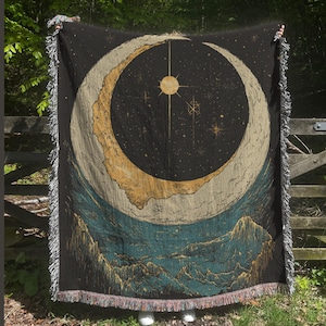 Boho Moon Night Woven Blanket, Celestial Woven Blanket, Vintage Celestial Tapestry, Night Sky Nature Gift, Throw Blanket Celestial Gift