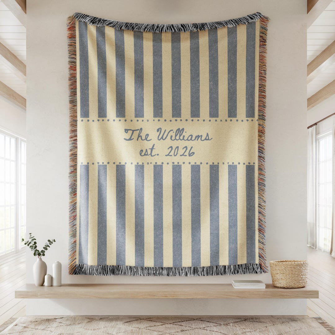 Personalized Family Name Woven Blanket, Custom Throw With Last Name and Est Year, Wedding Gift For Couple, Cotton Anniversary Gift