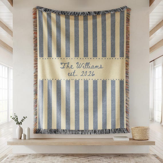 Personalized Family Name Woven Blanket, Custom Throw With Last Name and Est Year, Wedding Gift For Couple, Cotton Anniversary Gift
